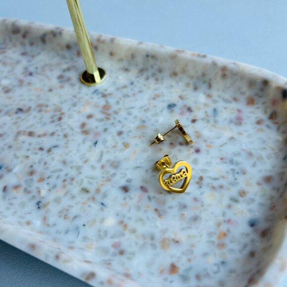 18K Gold Plated Heart Mama Stud Earrings, Stainless Steel - Picture 3 of 5